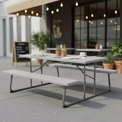 Ensemble table de pique-nique pliable Gymax avec plateau en PEHD aspect bois, trou pour parasol, 2 bancs, cadre métallique robuste pour l'extérieur Noir/Gris/Vert/Blanc