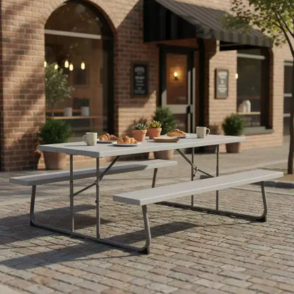 Ensemble table de pique-nique pliable Gymax avec plateau en PEHD aspect bois, trou pour parasol, 2 bancs, cadre métallique robuste pour l'extérieur Noir/Gris/Vert/Blanc