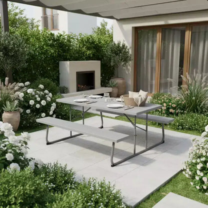 Ensemble table de pique-nique pliable Gymax avec plateau en PEHD aspect bois, trou pour parasol, 2 bancs, cadre métallique robuste pour l'extérieur Noir/Gris/Vert/Blanc