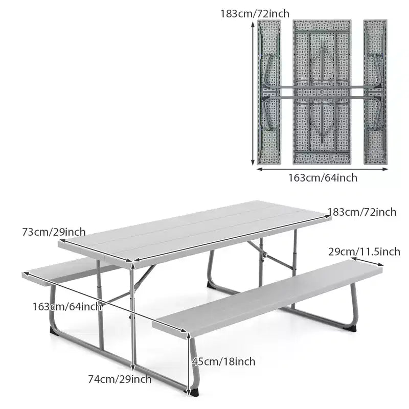 Ensemble table de pique-nique pliable Gymax avec plateau en PEHD aspect bois, trou pour parasol, 2 bancs, cadre métallique robuste pour l'extérieur Noir/Gris/Vert/Blanc