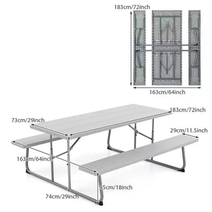 Ensemble table de pique-nique pliable Gymax avec plateau en PEHD aspect bois, trou pour parasol, 2 bancs, cadre métallique robuste pour l'extérieur Noir/Gris/Vert/Blanc