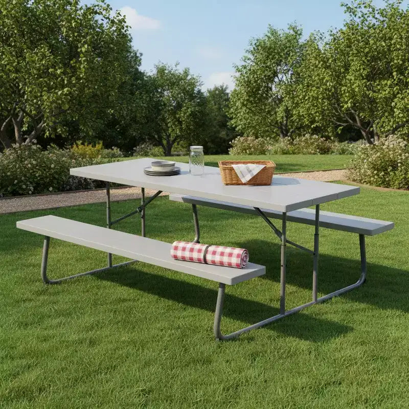 Ensemble table de pique-nique pliable Gymax avec plateau en PEHD aspect bois, trou pour parasol, 2 bancs, cadre métallique robuste pour l'extérieur Noir/Gris/Vert/Blanc