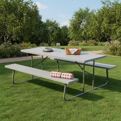 Ensemble table de pique-nique pliable Gymax avec plateau en PEHD aspect bois, trou pour parasol, 2 bancs, cadre métallique robuste pour l'extérieur Noir/Gris/Vert/Blanc