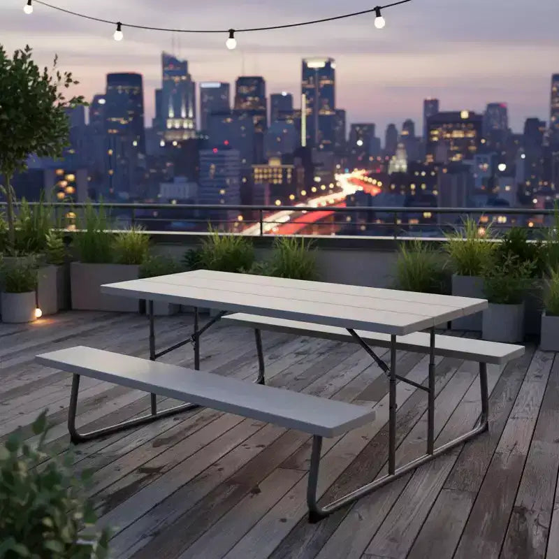 Ensemble table de pique-nique pliable Gymax avec plateau en PEHD aspect bois, trou pour parasol, 2 bancs, cadre métallique robuste pour l'extérieur Noir/Gris/Vert/Blanc