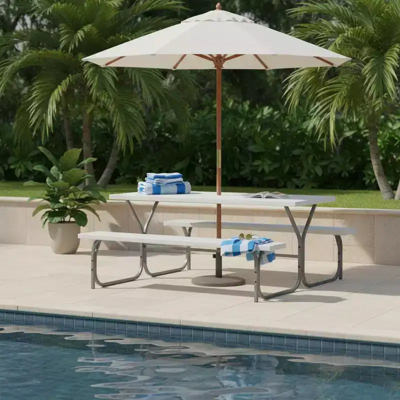 Gymax 6' Outdoor Picnic Table and Bench Set w/ HDPE Wood-Like Tabletop Built-In Umbrella Hole & 2 Benches for Dining & Gatherings Black/Gray/White