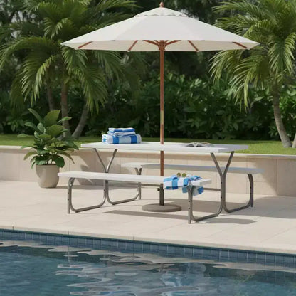 Gymax 6' Outdoor Picnic Table and Bench Set w/ HDPE Wood-Like Tabletop Built-In Umbrella Hole & 2 Benches for Dining & Gatherings Black/Gray/White