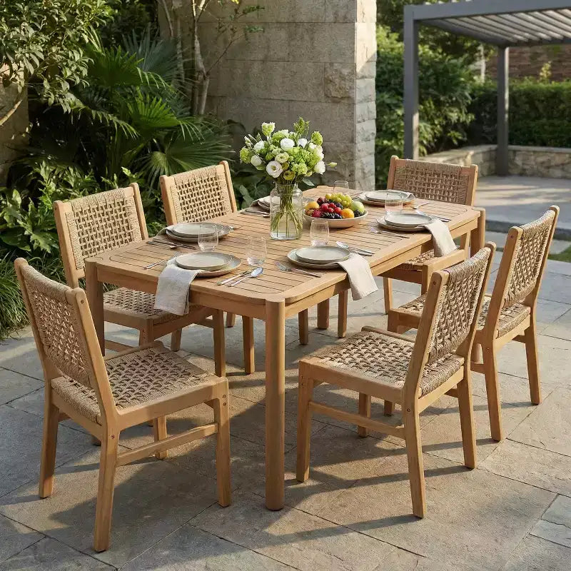 Christopher Knight Home Oksana Farmhouse 7 Piece Patio Acacia Dining Set with Rectangular Slatted Table and Wicker Design