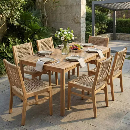 Christopher Knight Home Oksana Farmhouse 7 Piece Patio Acacia Dining Set with Rectangular Slatted Table and Wicker Design
