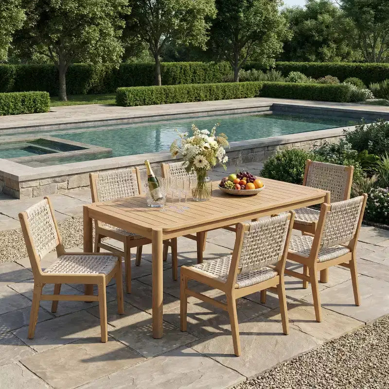Christopher Knight Home Oksana Farmhouse 7 Piece Patio Acacia Dining Set with Rectangular Slatted Table and Wicker Design