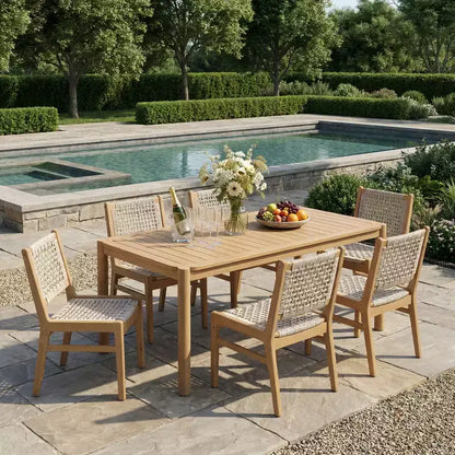 Christopher Knight Home Oksana Farmhouse 7 Piece Patio Acacia Dining Set with Rectangular Slatted Table and Wicker Design