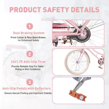 NAYSAYE Girls Beach Cruiser Bike with Front Basket & Sturdy Steel Frame for Comfortable Outdoor City Commute, Pink, 58.39*24.53*36.93