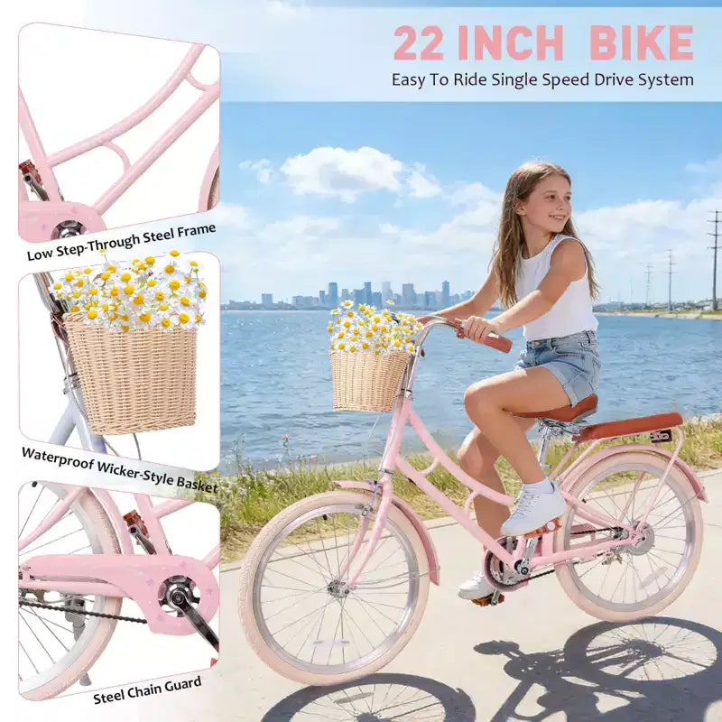 NAYSAYE Girls Beach Cruiser Bike with Front Basket & Sturdy Steel Frame for Comfortable Outdoor City Commute, Pink, 58.39*24.53*36.93