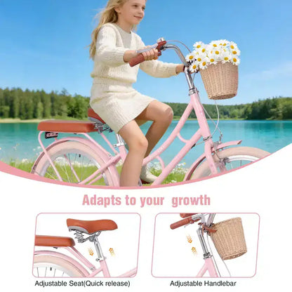 NAYSAYE Girls Beach Cruiser Bike with Front Basket & Sturdy Steel Frame for Comfortable Outdoor City Commute, Pink, 58.39*24.53*36.93