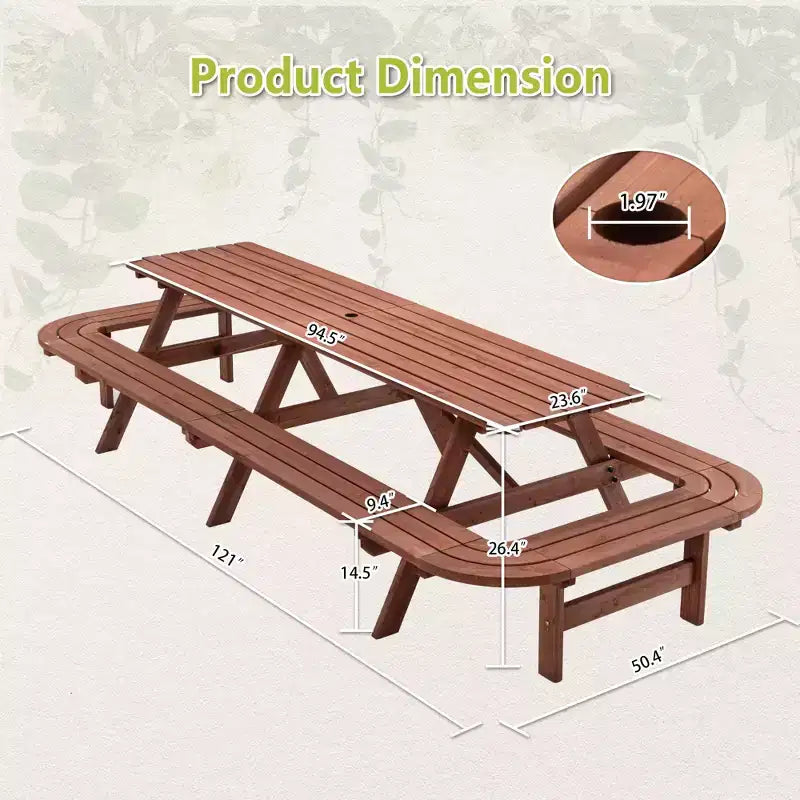 GDFStudio Martin Outdoor Wooden Picnic Table Set with Extended Benches and Umbrella Hole