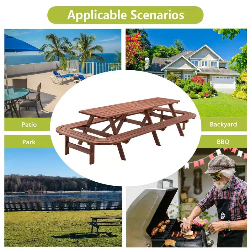 GDFStudio Martin Outdoor Wooden Picnic Table Set with Extended Benches and Umbrella Hole