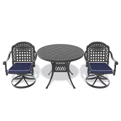 3 Piece Cast Aluminum Patio Dining Set, 1 Round Table + 2 Swivel Chairs, Black Rust Resistant Frame with Blue Water Resistant Cushions