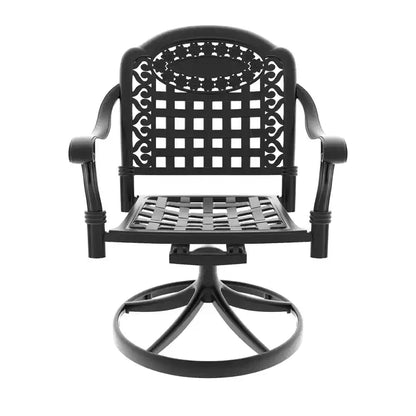 3 Piece Cast Aluminum Patio Dining Set, 1 Round Table + 2 Swivel Chairs, Black Rust Resistant Frame with Blue Water Resistant Cushions