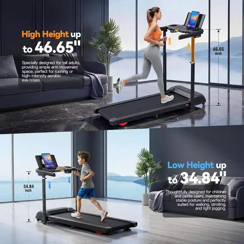 YOUNGFIT 3.5HP Treadmill w/ Desk Workstation & Adjustable Height, 450 lbs Capacity, Portable Folding 15% Incline Walking Pad Treadmill with Handle Bar