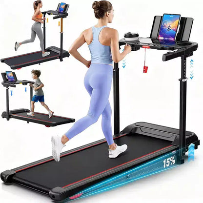 YOUNGFIT 3.5HP Treadmill w/ Desk Workstation & Adjustable Height, 450 lbs Capacity, Portable Folding 15% Incline Walking Pad Treadmill with Handle Bar