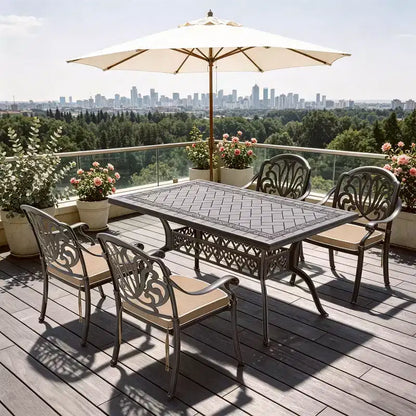 Ensemble de salle à manger rectangulaire 5 pièces en aluminium moulé pour terrasse, jardin, bord de piscine avec coussins