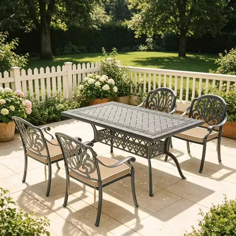 Ensemble de salle à manger rectangulaire 5 pièces en aluminium moulé pour terrasse, jardin, bord de piscine avec coussins