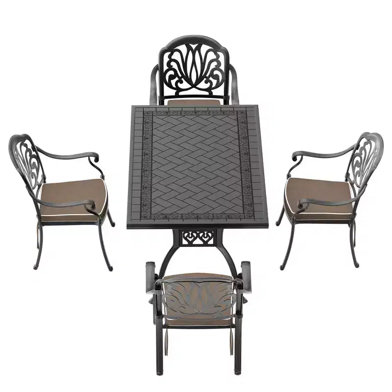 Ensemble de salle à manger rectangulaire 5 pièces en aluminium moulé pour terrasse, jardin, bord de piscine avec coussins