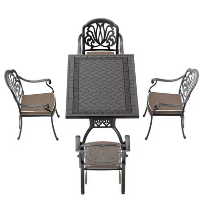 Ensemble de salle à manger rectangulaire 5 pièces en aluminium moulé pour terrasse, jardin, bord de piscine avec coussins