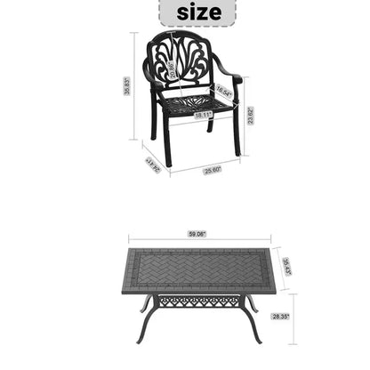 Ensemble de salle à manger rectangulaire 5 pièces en aluminium moulé pour terrasse, jardin, bord de piscine avec coussins