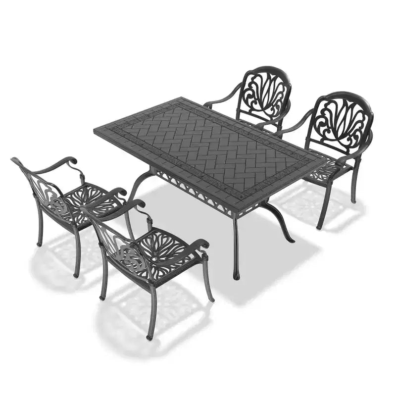 Ensemble de salle à manger rectangulaire 5 pièces en aluminium moulé pour terrasse, jardin, bord de piscine avec coussins