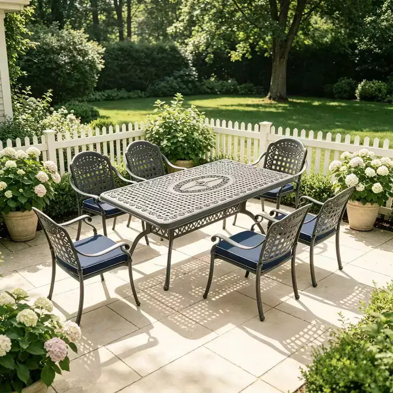Ensemble de salle à manger rectangulaire 5 pièces en aluminium moulé pour terrasse, jardin, bord de piscine avec coussins