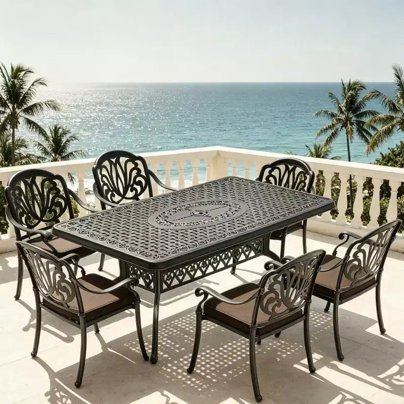 Ensemble de salle à manger rectangulaire 5 pièces en aluminium moulé pour terrasse, jardin, bord de piscine avec coussins