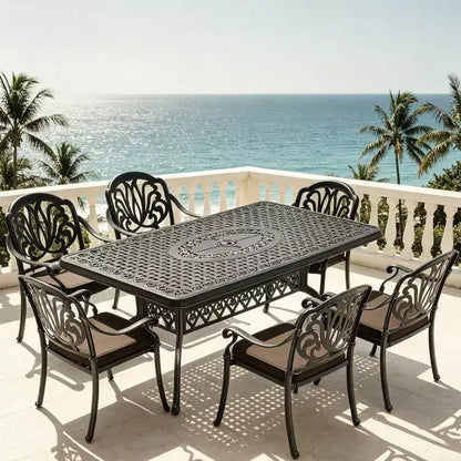 Ensemble de salle à manger rectangulaire 5 pièces en aluminium moulé pour terrasse, jardin, bord de piscine avec coussins