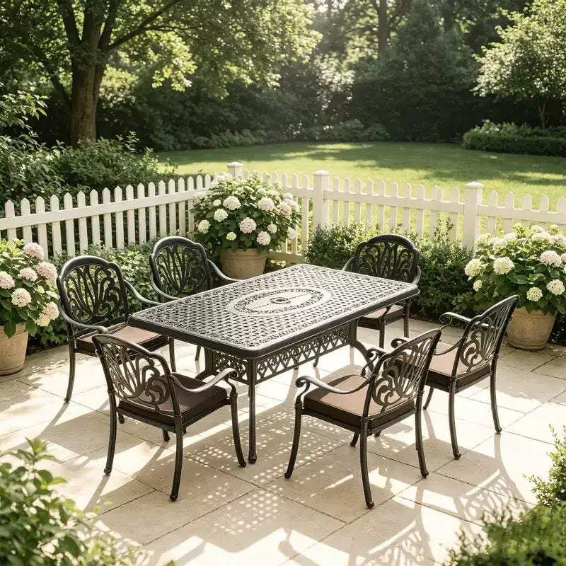 Ensemble de salle à manger rectangulaire 5 pièces en aluminium moulé pour terrasse, jardin, bord de piscine avec coussins