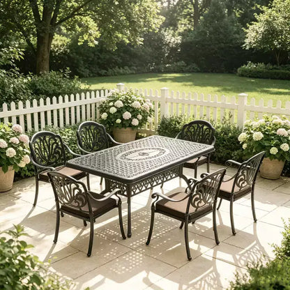 Ensemble de salle à manger rectangulaire 5 pièces en aluminium moulé pour terrasse, jardin, bord de piscine avec coussins