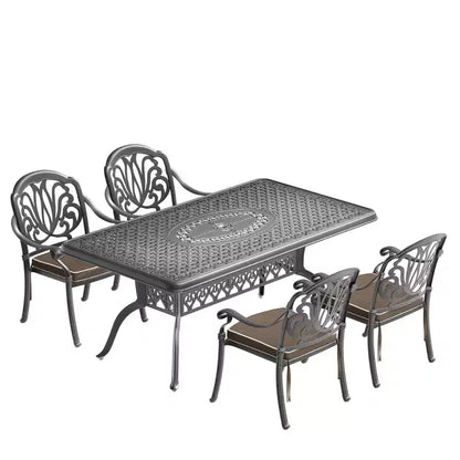 Ensemble de salle à manger rectangulaire 5 pièces en aluminium moulé pour terrasse, jardin, bord de piscine avec coussins