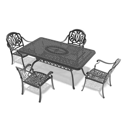 Ensemble de salle à manger rectangulaire 5 pièces en aluminium moulé pour terrasse, jardin, bord de piscine avec coussins