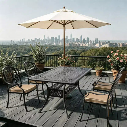Ensemble de salle à manger rectangulaire 5 pièces en aluminium moulé pour terrasse, jardin, bord de piscine avec coussins