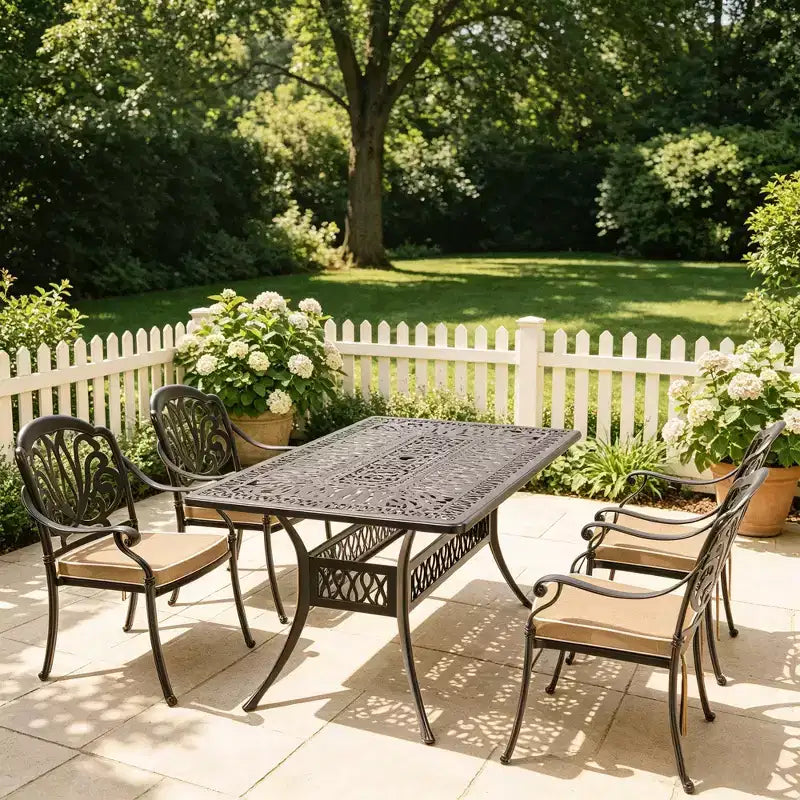 Ensemble de salle à manger rectangulaire 5 pièces en aluminium moulé pour terrasse, jardin, bord de piscine avec coussins