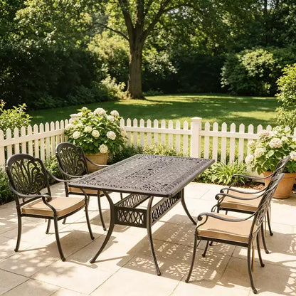 Ensemble de salle à manger rectangulaire 5 pièces en aluminium moulé pour terrasse, jardin, bord de piscine avec coussins