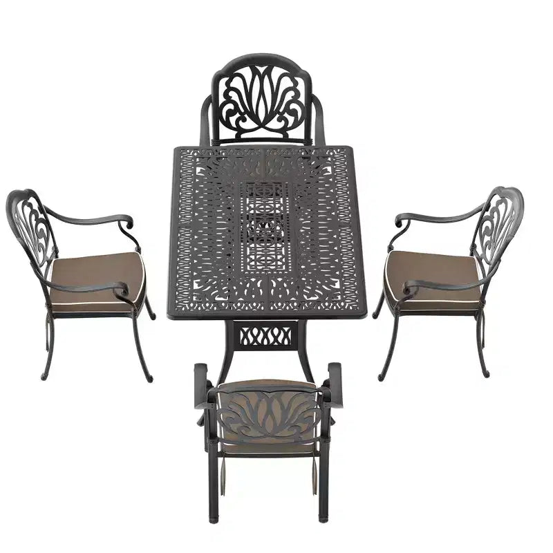 Ensemble de salle à manger rectangulaire 5 pièces en aluminium moulé pour terrasse, jardin, bord de piscine avec coussins