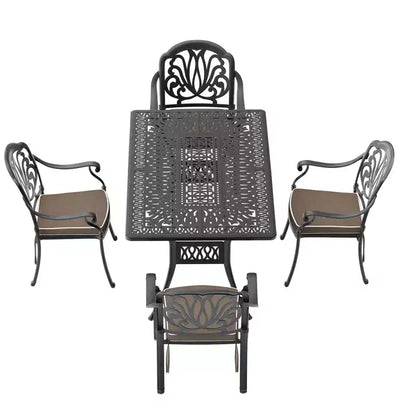 Ensemble de salle à manger rectangulaire 5 pièces en aluminium moulé pour terrasse, jardin, bord de piscine avec coussins