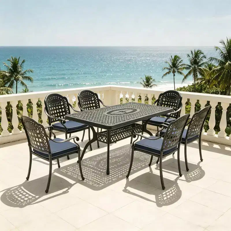 Ensemble de salle à manger rectangulaire 5 pièces en aluminium moulé pour terrasse, jardin, bord de piscine avec coussins