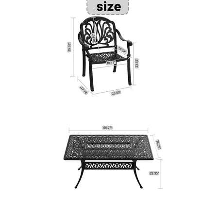 Ensemble de salle à manger rectangulaire 5 pièces en aluminium moulé pour terrasse, jardin, bord de piscine avec coussins