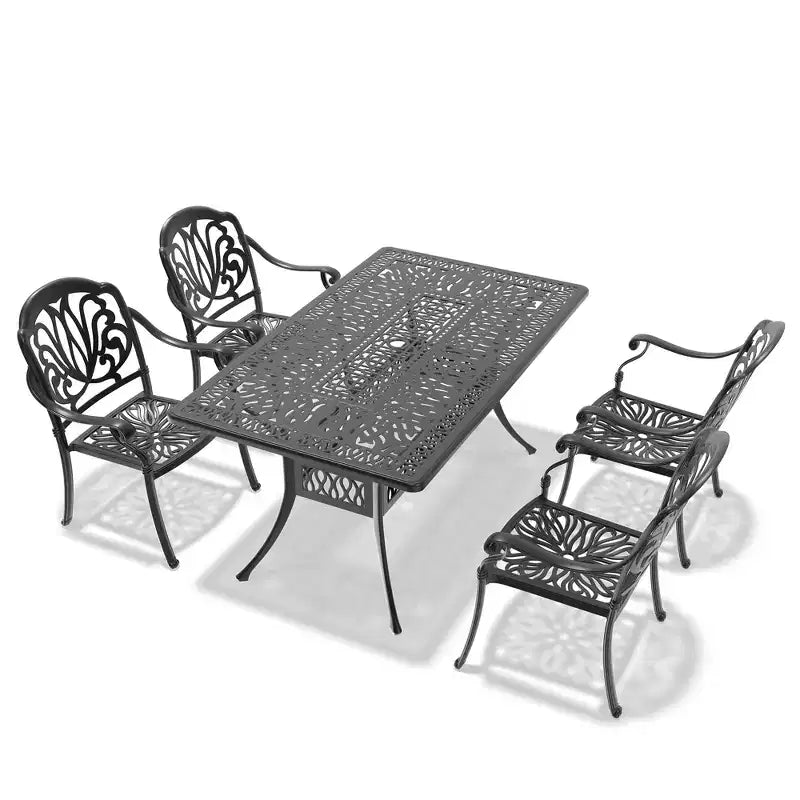 Ensemble de salle à manger rectangulaire 5 pièces en aluminium moulé pour terrasse, jardin, bord de piscine avec coussins