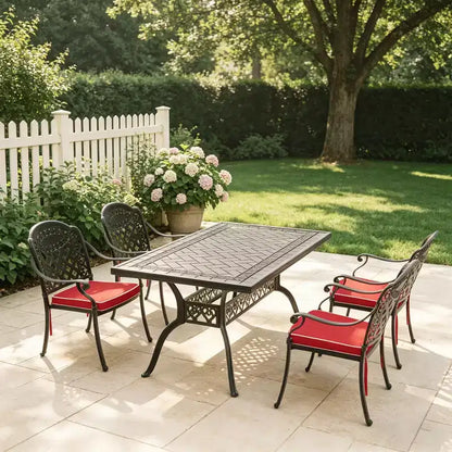 Ensemble de salle à manger rectangulaire 5 pièces en aluminium moulé pour terrasse, jardin, bord de piscine avec coussins