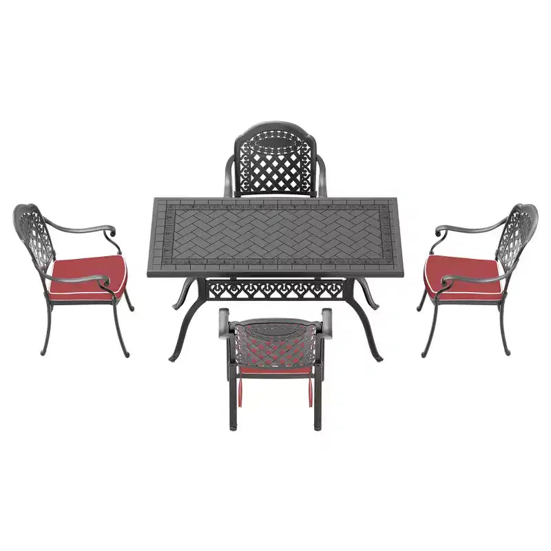 Ensemble de salle à manger rectangulaire 5 pièces en aluminium moulé pour terrasse, jardin, bord de piscine avec coussins