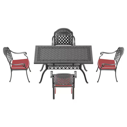 Ensemble de salle à manger rectangulaire 5 pièces en aluminium moulé pour terrasse, jardin, bord de piscine avec coussins