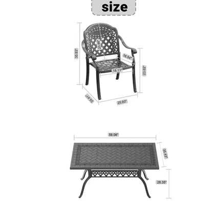 Ensemble de salle à manger rectangulaire 5 pièces en aluminium moulé pour terrasse, jardin, bord de piscine avec coussins