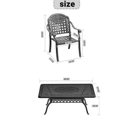 Ensemble de salle à manger rectangulaire 5 pièces en aluminium moulé pour terrasse, jardin, bord de piscine avec coussins