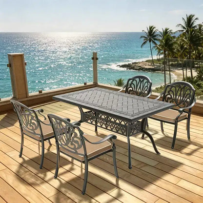 Ensemble de salle à manger rectangulaire 5 pièces en aluminium moulé pour terrasse, jardin, bord de piscine avec coussins